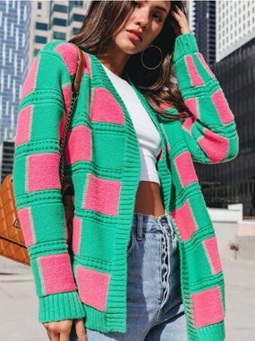 Davi & Dani Checkered Plaid Cardigan Sweater